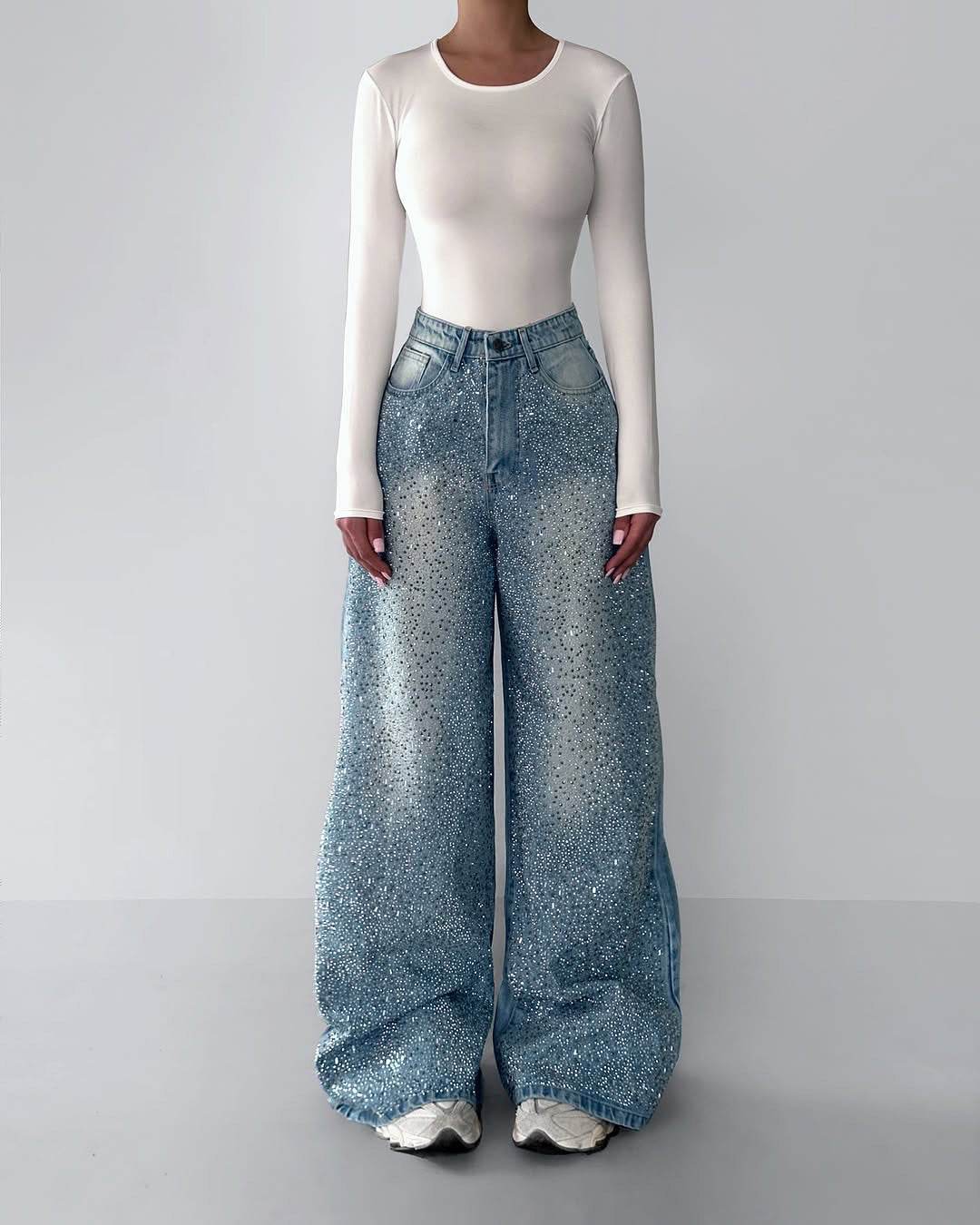 Vintage Irregular Rhinestone Jeans - Slightly Elastic, Full-Length Fit - Buy Center US