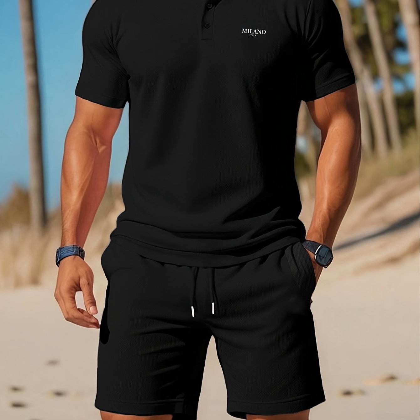 Summer Beach Style MILANO Shorts Set - Casual Polo and Print Design - Buy Center US