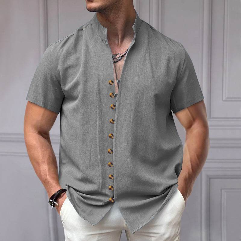Buycenter Linen Button Stand Collar Shirt - Short Sleeve, Loose Fit - Buy Center US
