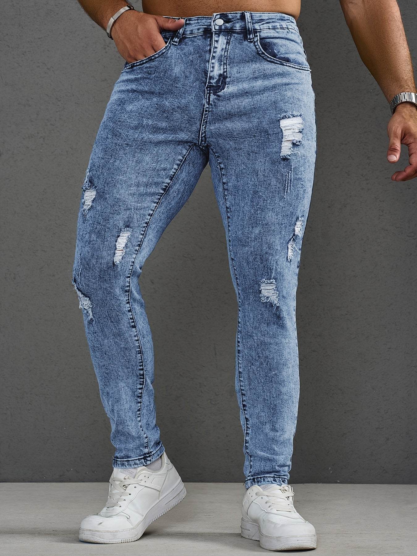 Men's Skinny-Fit Distressed Denim Jeans - Light Blue Ripped Casual Pants - Buy Center US