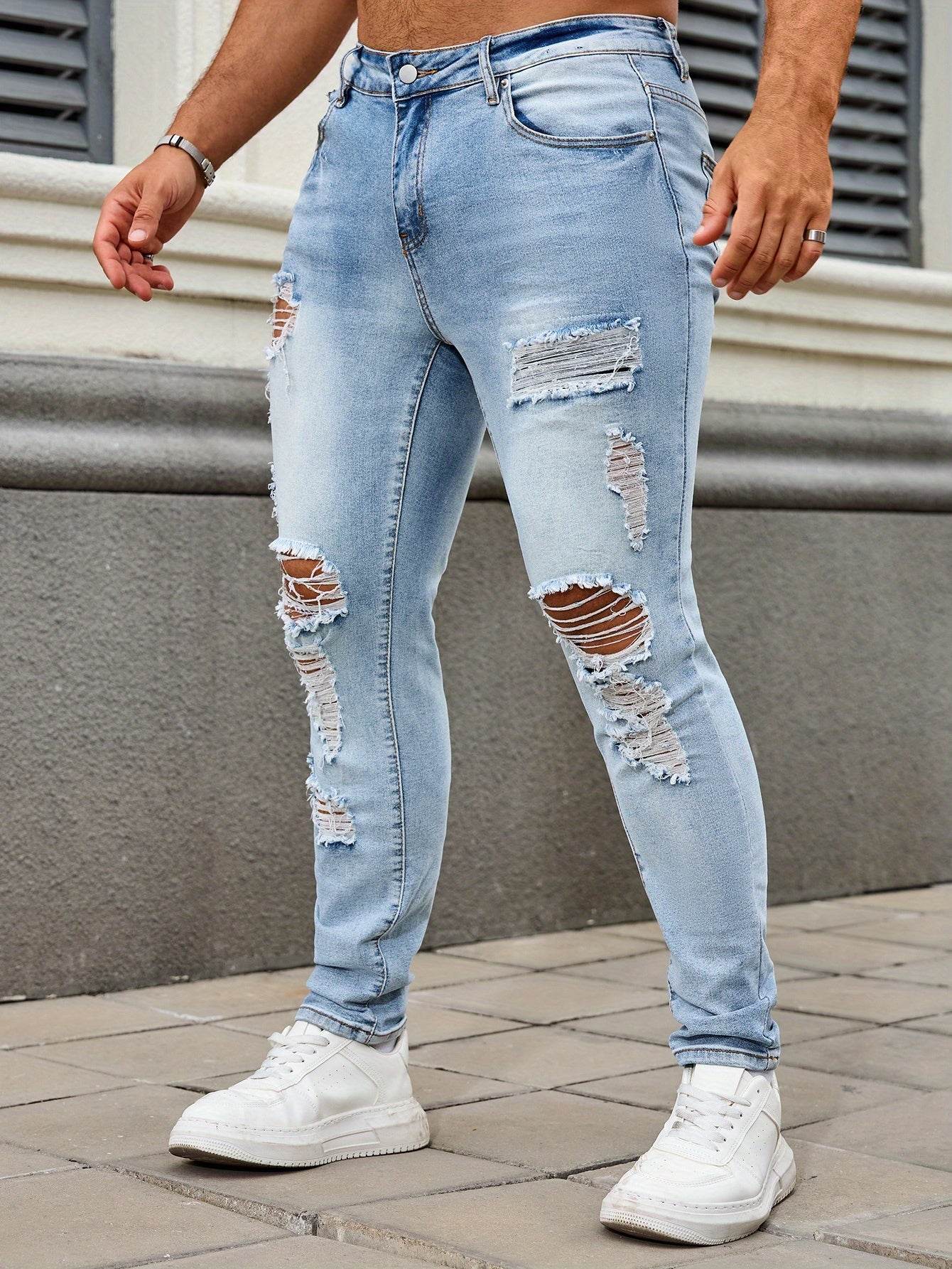 Men's Ripped Skinny Jeans - Casual Denim with Slight Stretch for All Seasons - Buy Center US