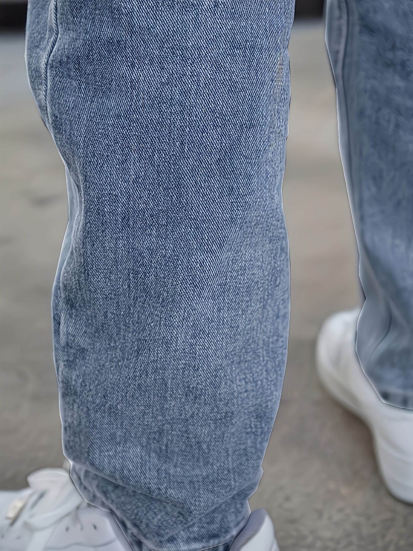 Men's Denim Jeans - Fashionable Light Blue Straight-Leg Style with Pockets - Buy Center US