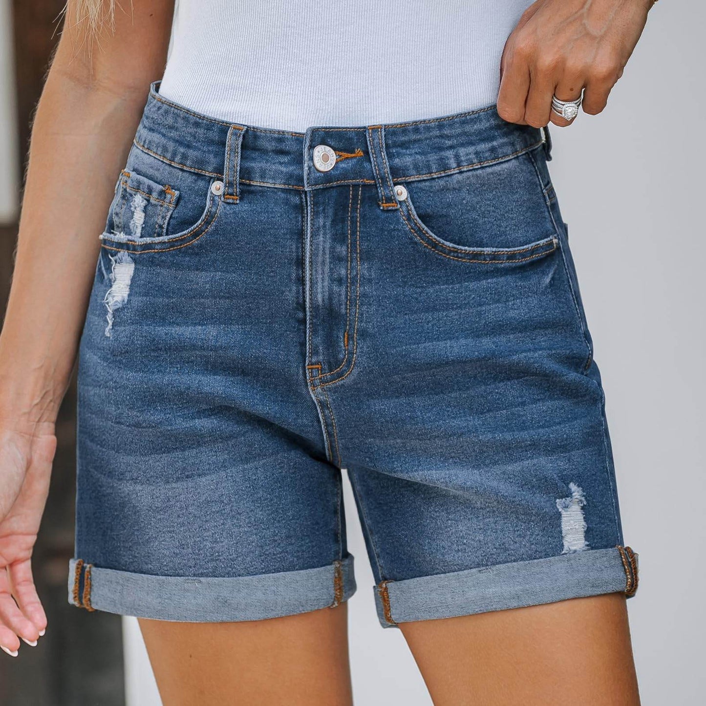 High Waist Straight Slim-fit Denim Shorts - Dark Blue, Medium Elastic - Buy Center US