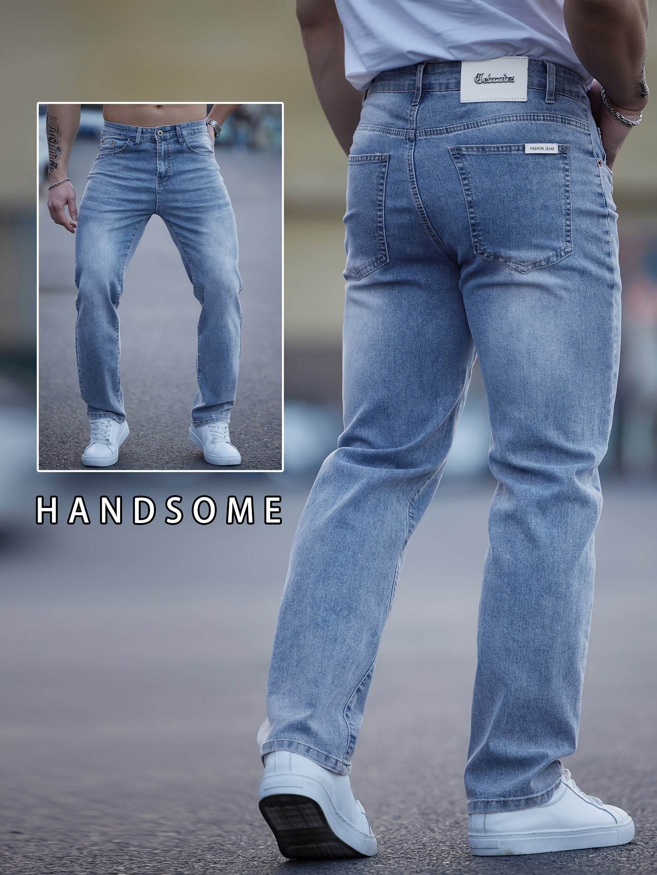 Men's Light Blue Washed Jeans - Embroidered, Relaxed Fit for Casual Style - Buy Center US