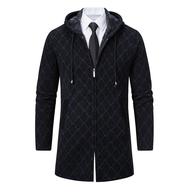 Buycenter Men's Casual Hooded Coat - Mid-Length Plaid Sweater Jacket - Buy Center US