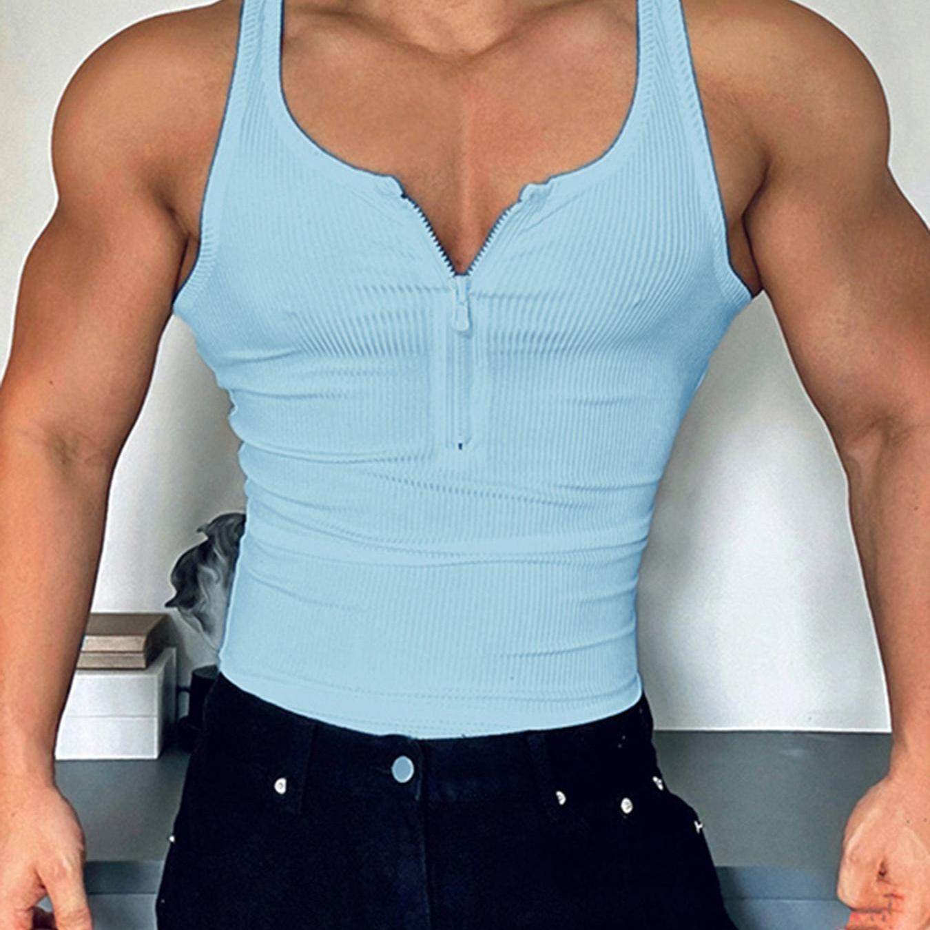 Men's Slim Fit Zip-Up Tank Top - Casual White Vest with Ribbed Texture - Buy Center US