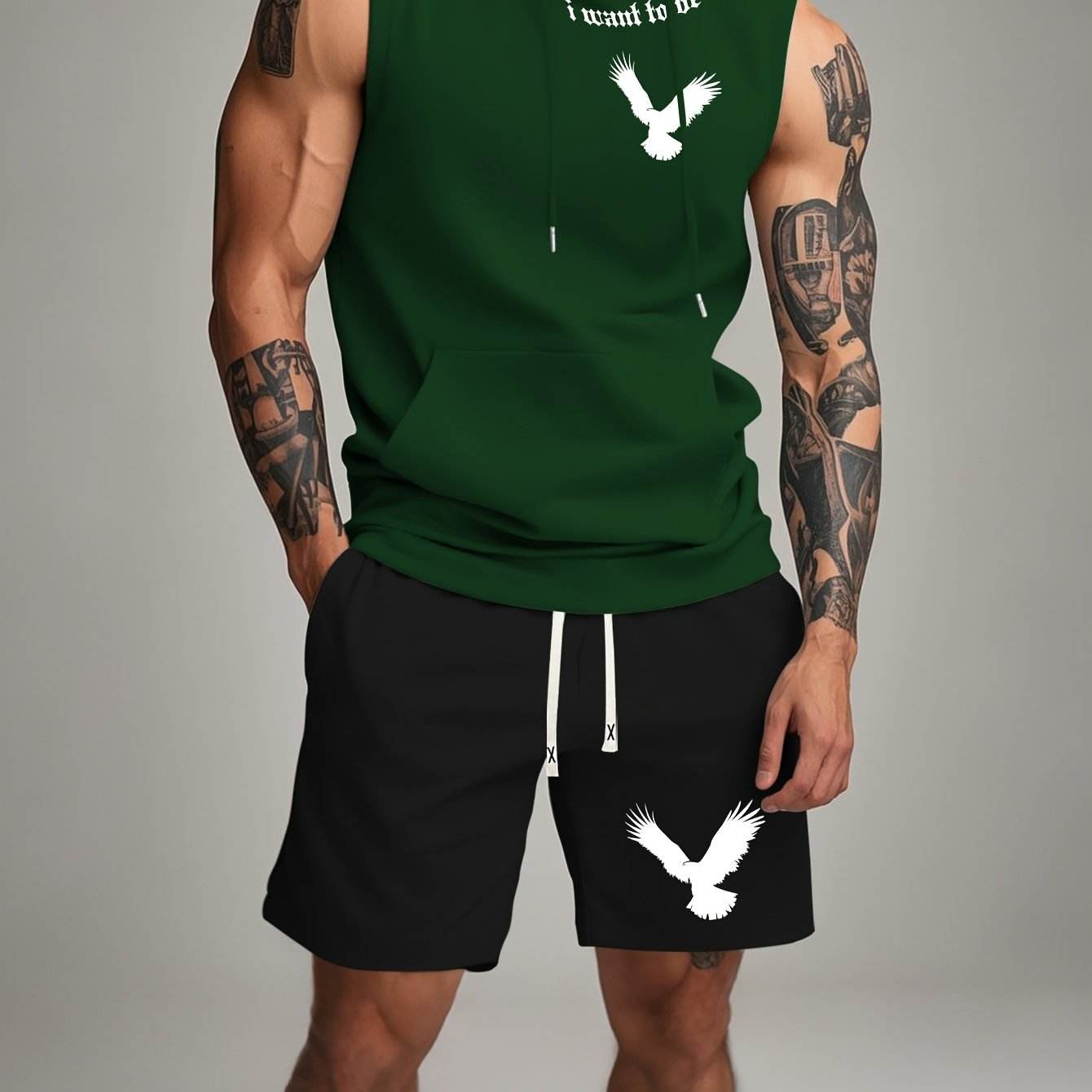 Black Sleeveless Hoodie & Shorts Set - White Bird Print, Casual Outdoor Wear - Buy Center US