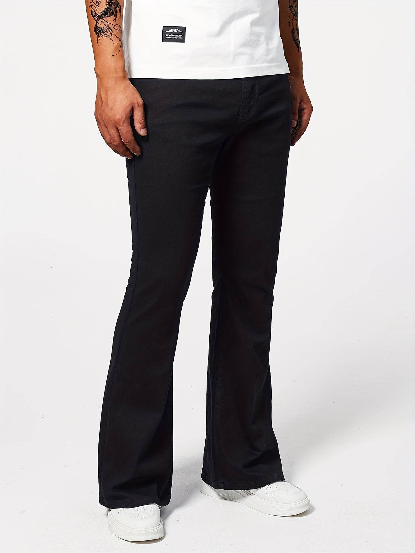 Men's Solid Denim Flare Pants - Casual Slim-fit Jeans with Pockets - Buy Center US
