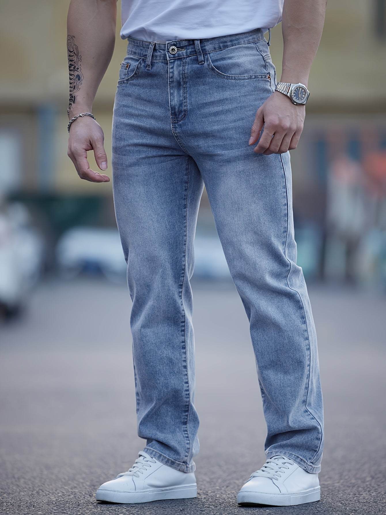 Men's Light Blue Washed Jeans - Embroidered, Relaxed Fit for Casual Style - Buy Center US
