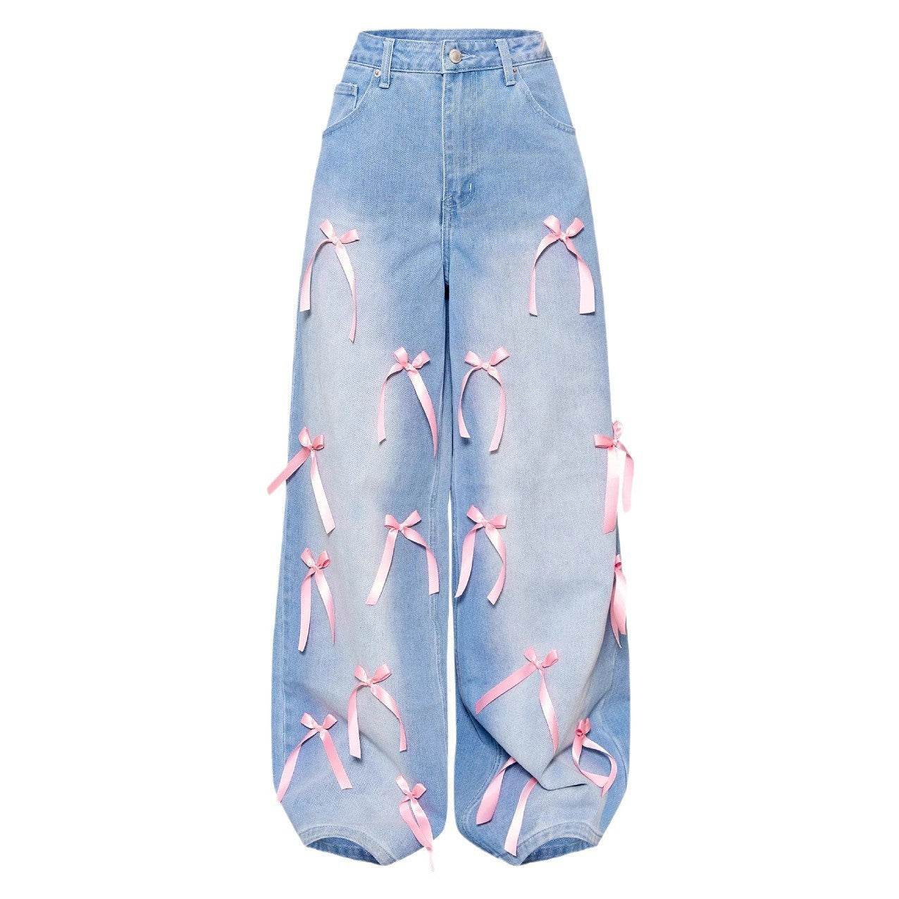 High Waist Wide Leg Jeans - Chic Bow Detail, Stylish Denim Trousers - Buy Center US