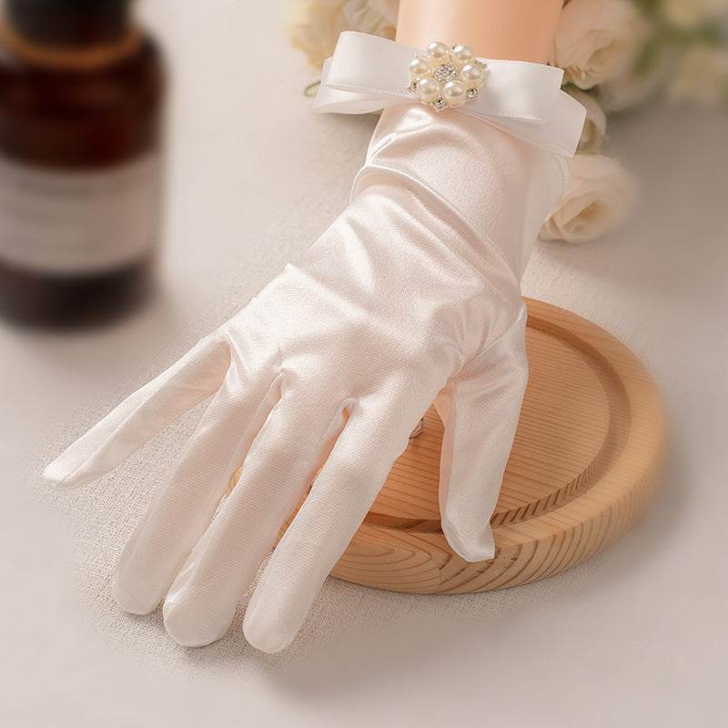 White Satin Short Gloves with Lace & Pearl - Elegant Fashion Accessory - Buy Center US