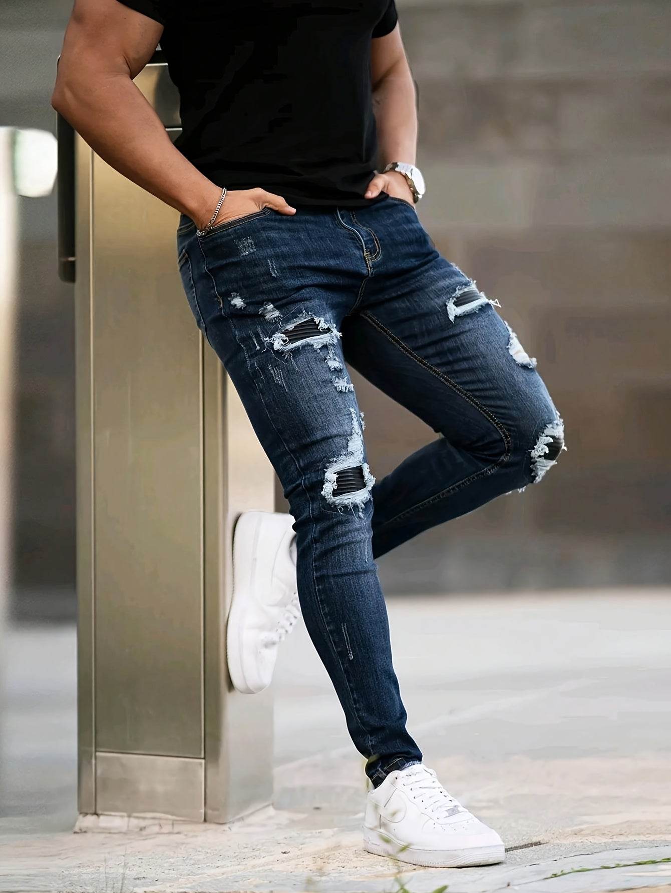 Men's Slim Fit Ripped Jeans - Stretch Denim Casual Streetwear, Blue - Buy Center US