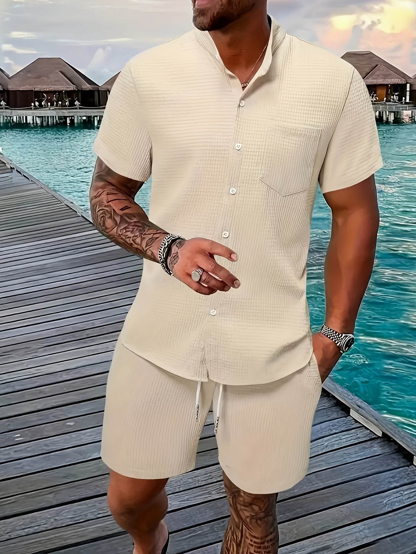 Men's Solid Color Jacquard Shirt & Drawstring Shorts Set - Casual Style - Buy Center US