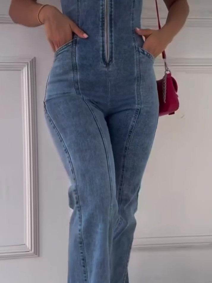 Elegant Sleeveless Denim Jumpsuit with Patchwork Design - Full-Length Fit - Buy Center US