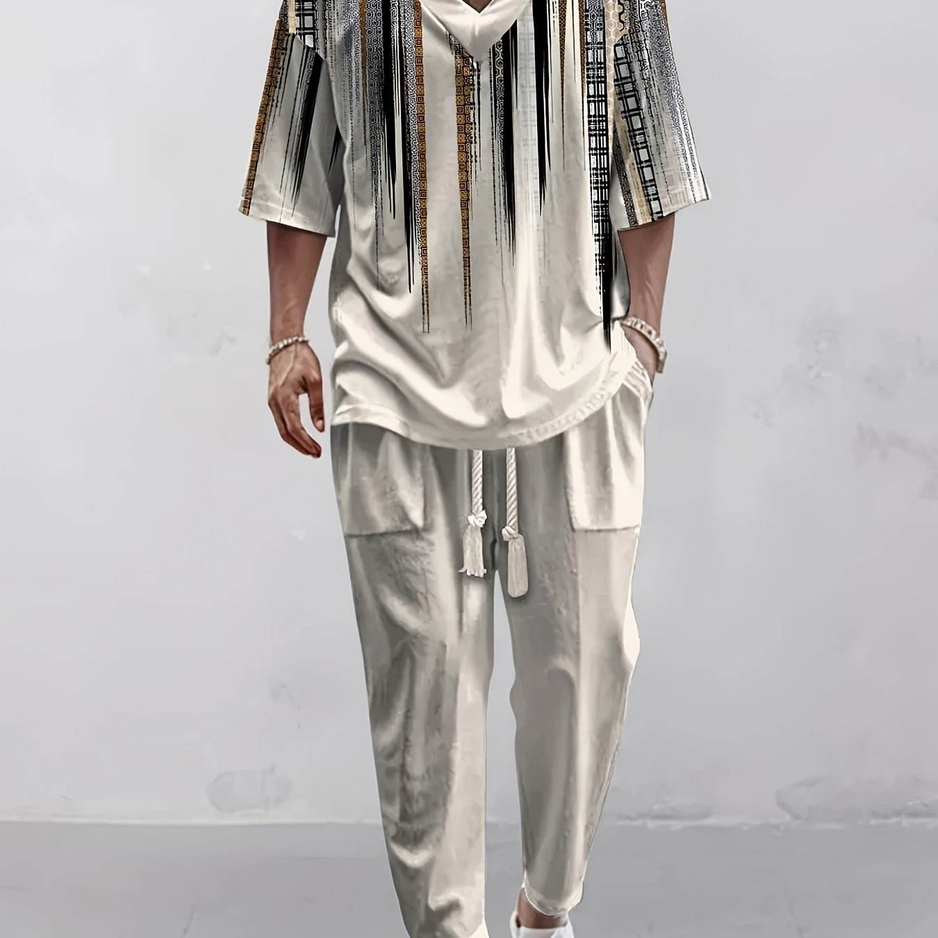 Summer Casual V-Neck 3D Printed T-Shirt & Nine-Inch Pants Set for Men - Buy Center US