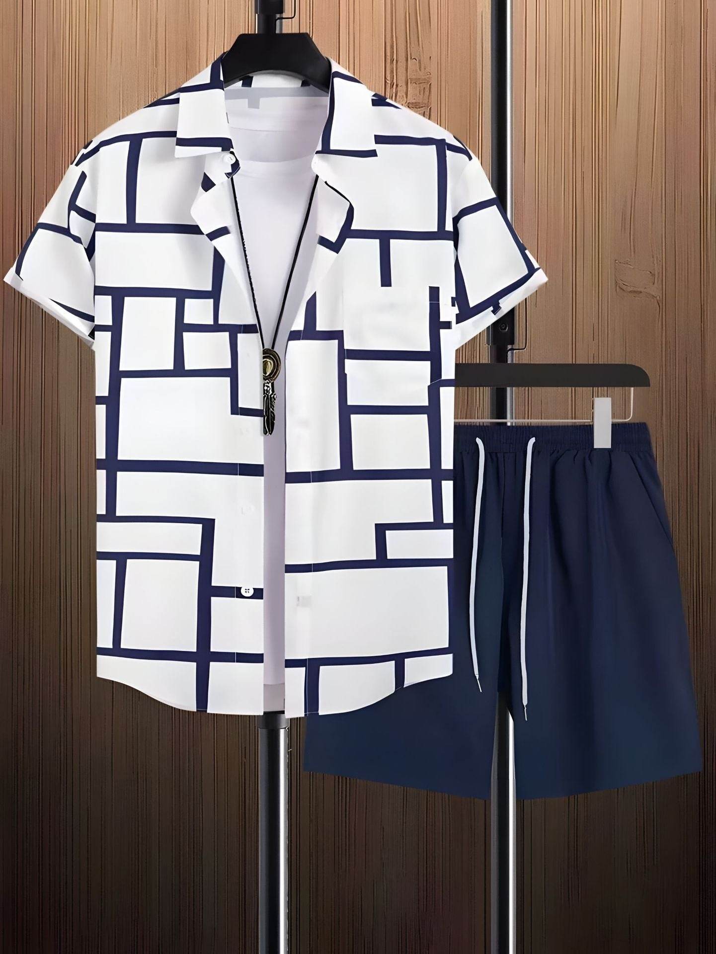 Buycenter Men’s Black and White Striped Hawaiian Shirt Set - Casual Summer Wear - Buy Center US