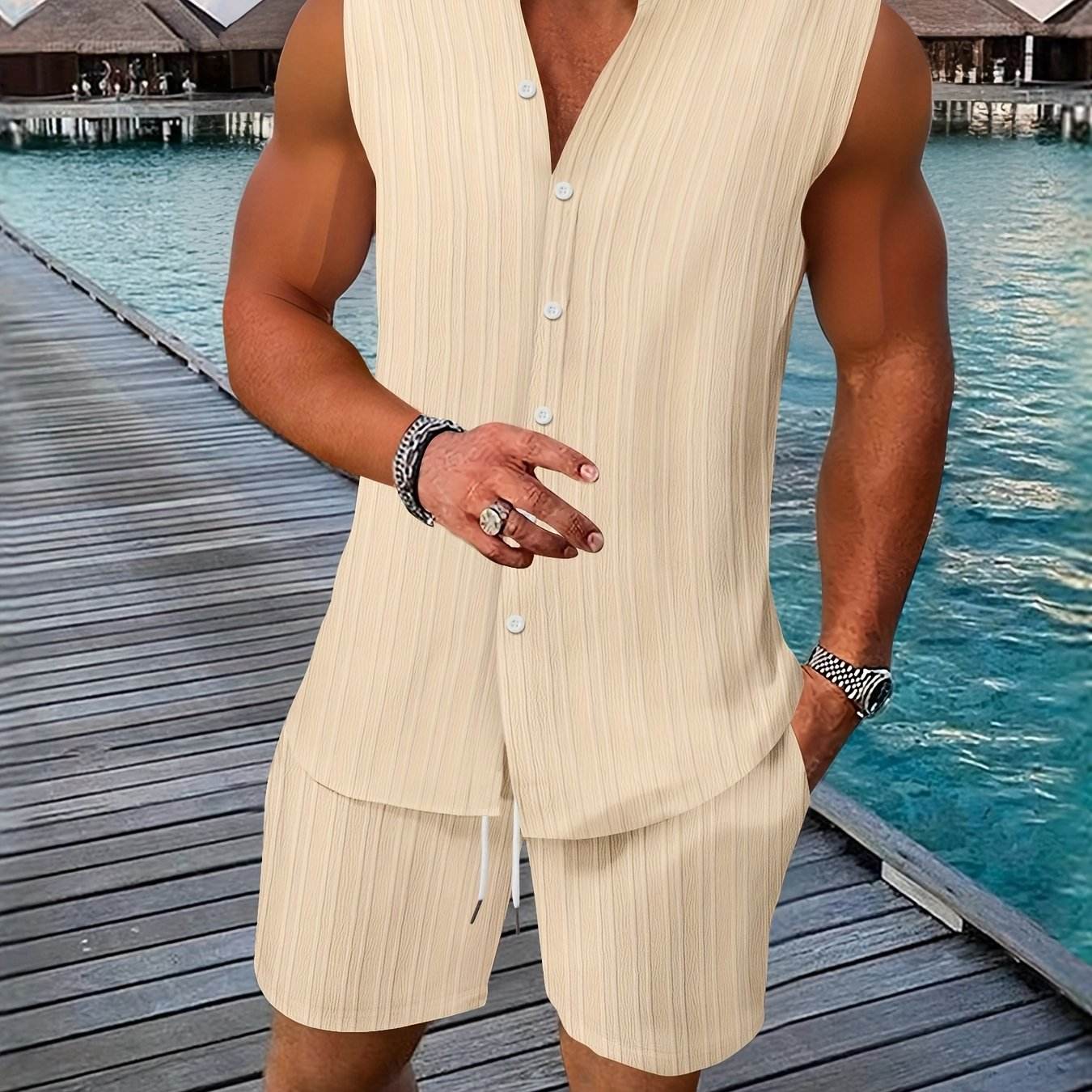 Summer Men's Casual Henley Neck Tank Top & Shorts Beach Set - Buy Center US