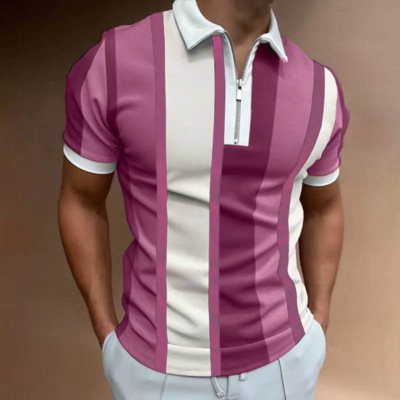 Men's Striped Short-Sleeved Polo Shirt - Slim Fit, Casual Cotton Blend - Buy Center US