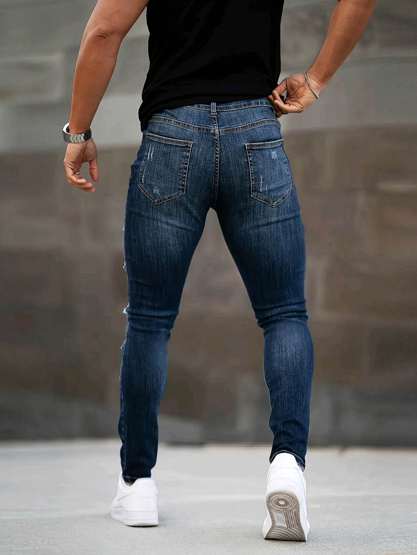 Men's Slim Fit Ripped Jeans - Stretch Denim Casual Streetwear, Blue - Buy Center US