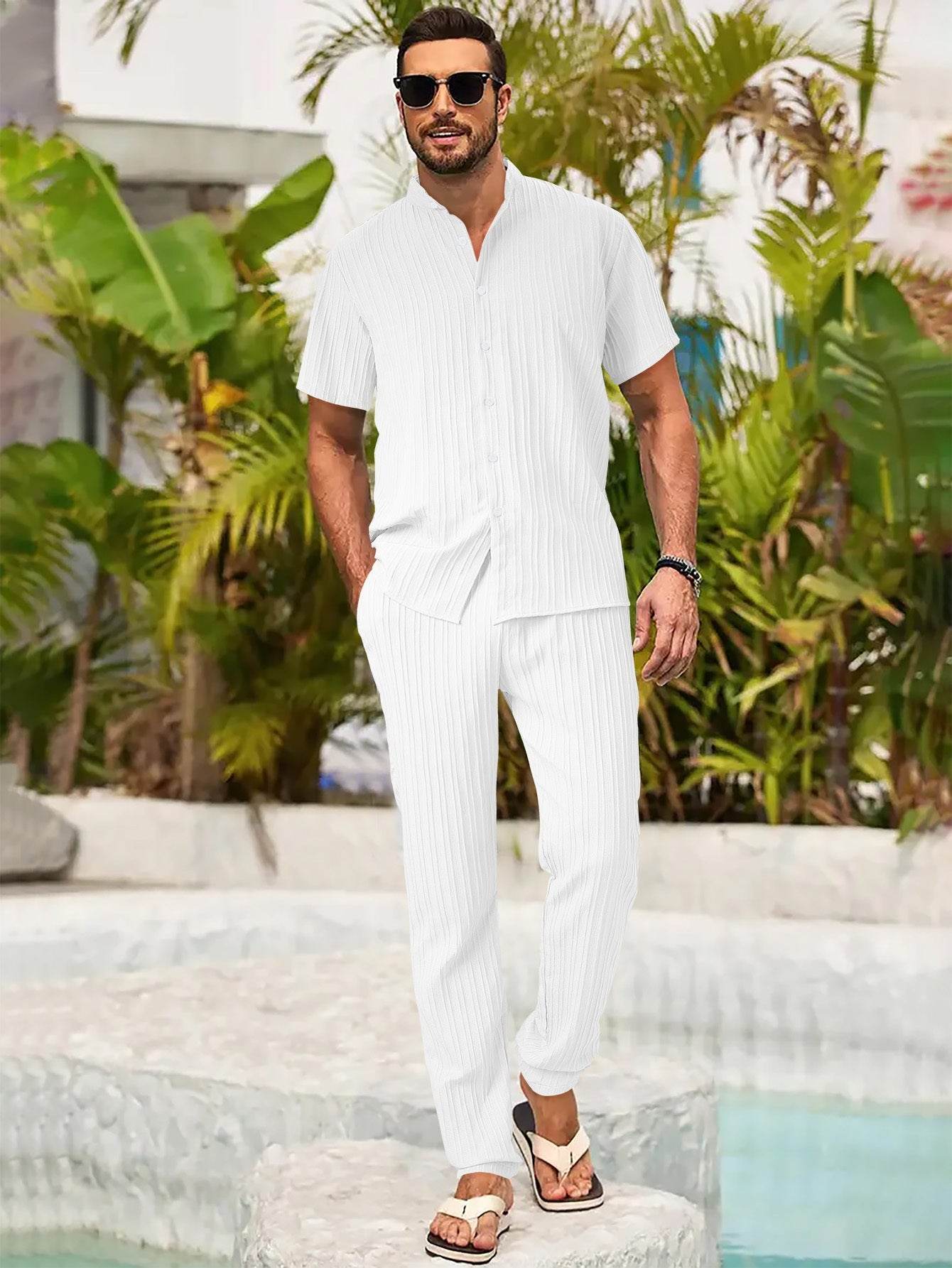 Men's Casual Spring/Summer Textured Stripe Short Sleeve Pants Set - Buy Center US