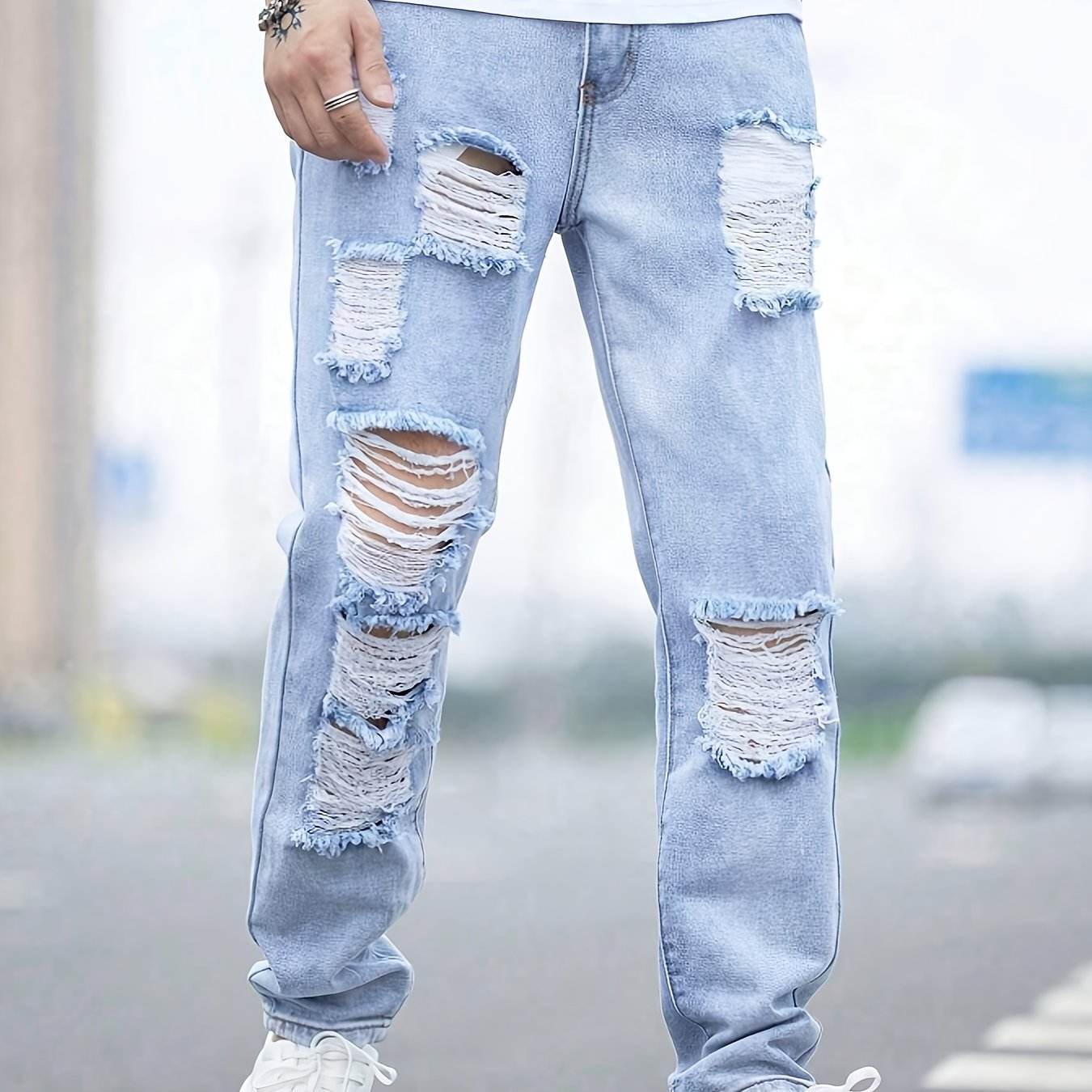 Men's Light Blue Distressed Denim Jeans - Casual Frayed Details, All-Season - Buy Center US