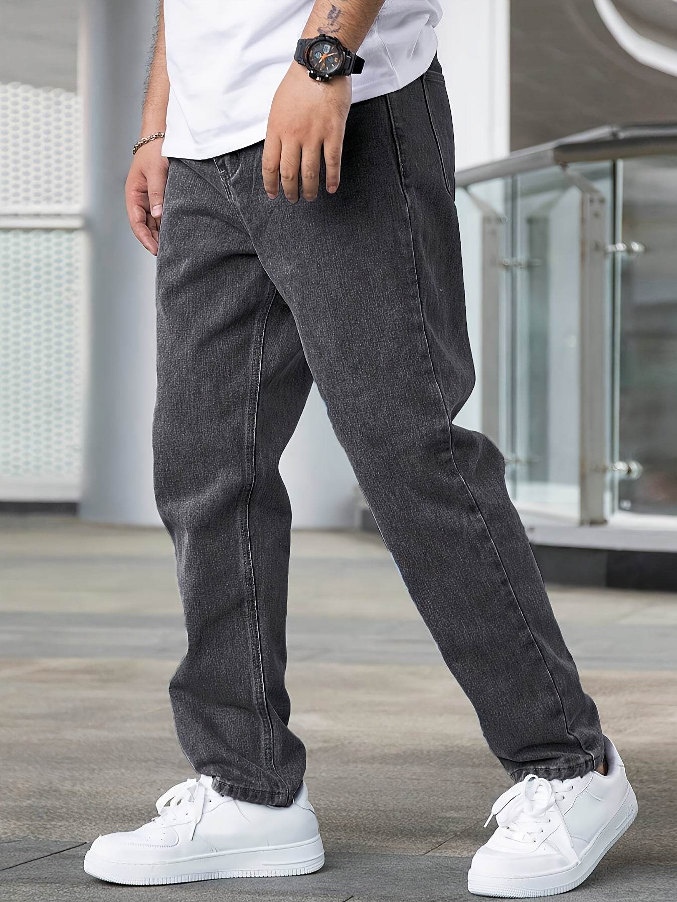 Men's Loose Fit Straight Leg Jeans - Washed Black Cotton Blend, Casual Style - Buy Center US
