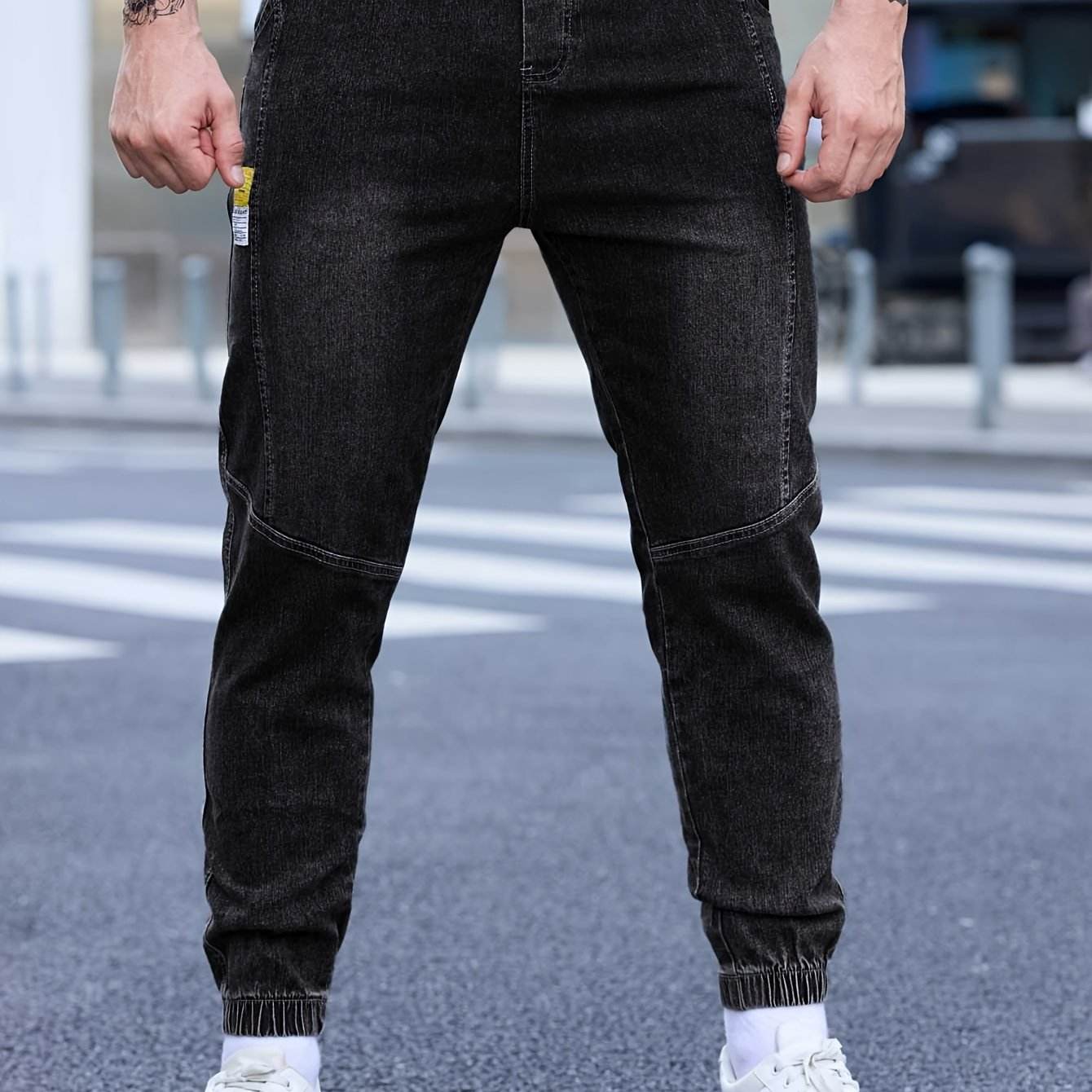 Men's Cropped Denim Pants with Pockets - Casual Drawstring Cotton Blend - Buy Center US