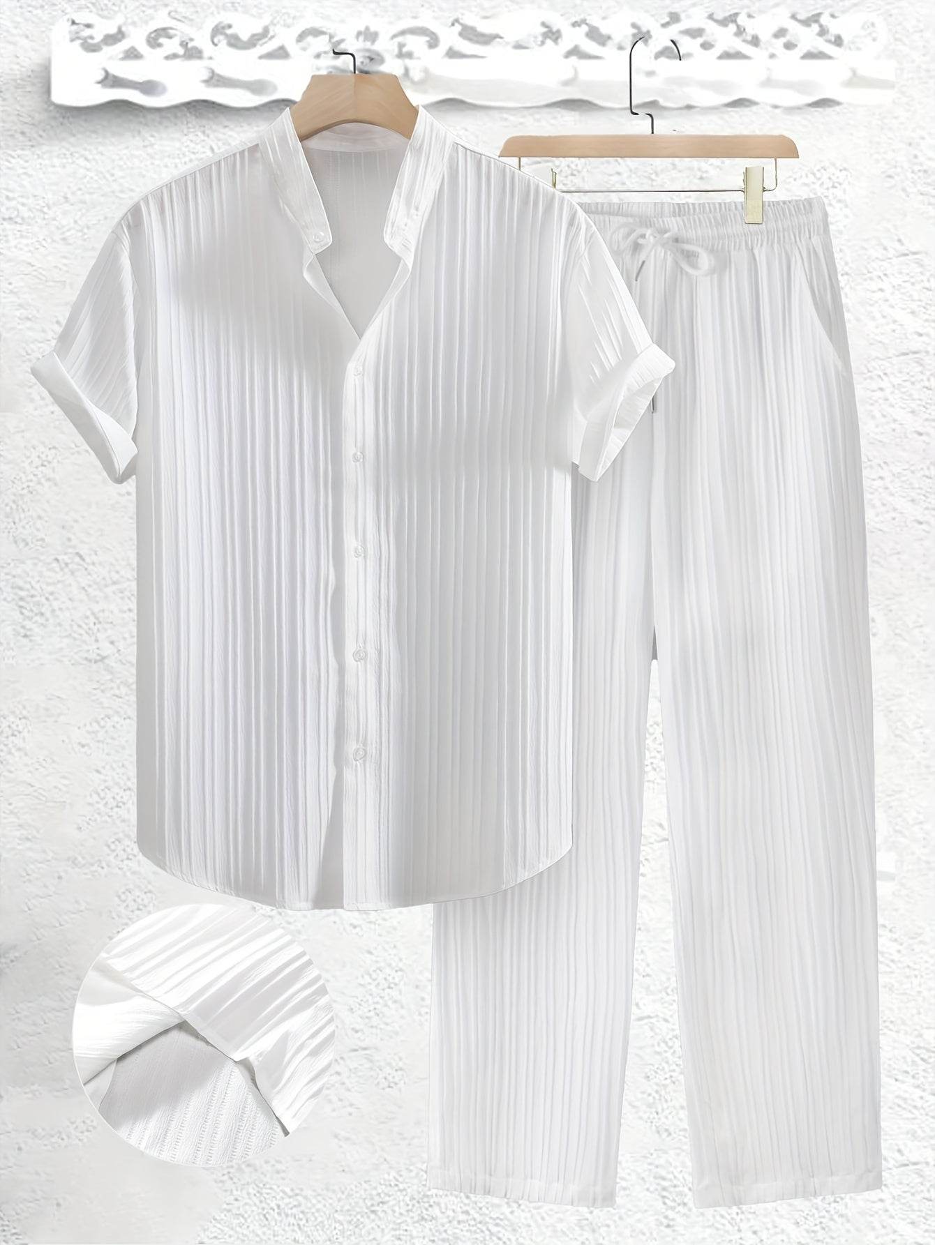 Men's Casual Summer Co-ord Set - Short Sleeve Shirt & Pants, Solid Color - Buy Center US