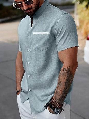 Men's Linen Contrast Color Short Sleeve Shirt - Casual Fit, Multiple Colors - Buy Center US