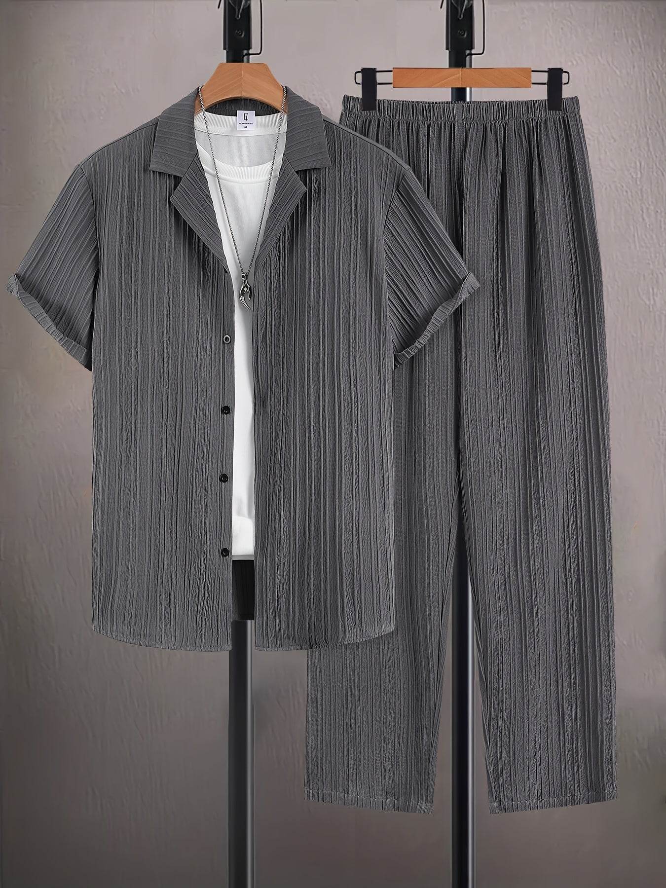 Men's Casual Plaid Suit Set - Short Sleeve Lapel Shirt & Pants - Buy Center US
