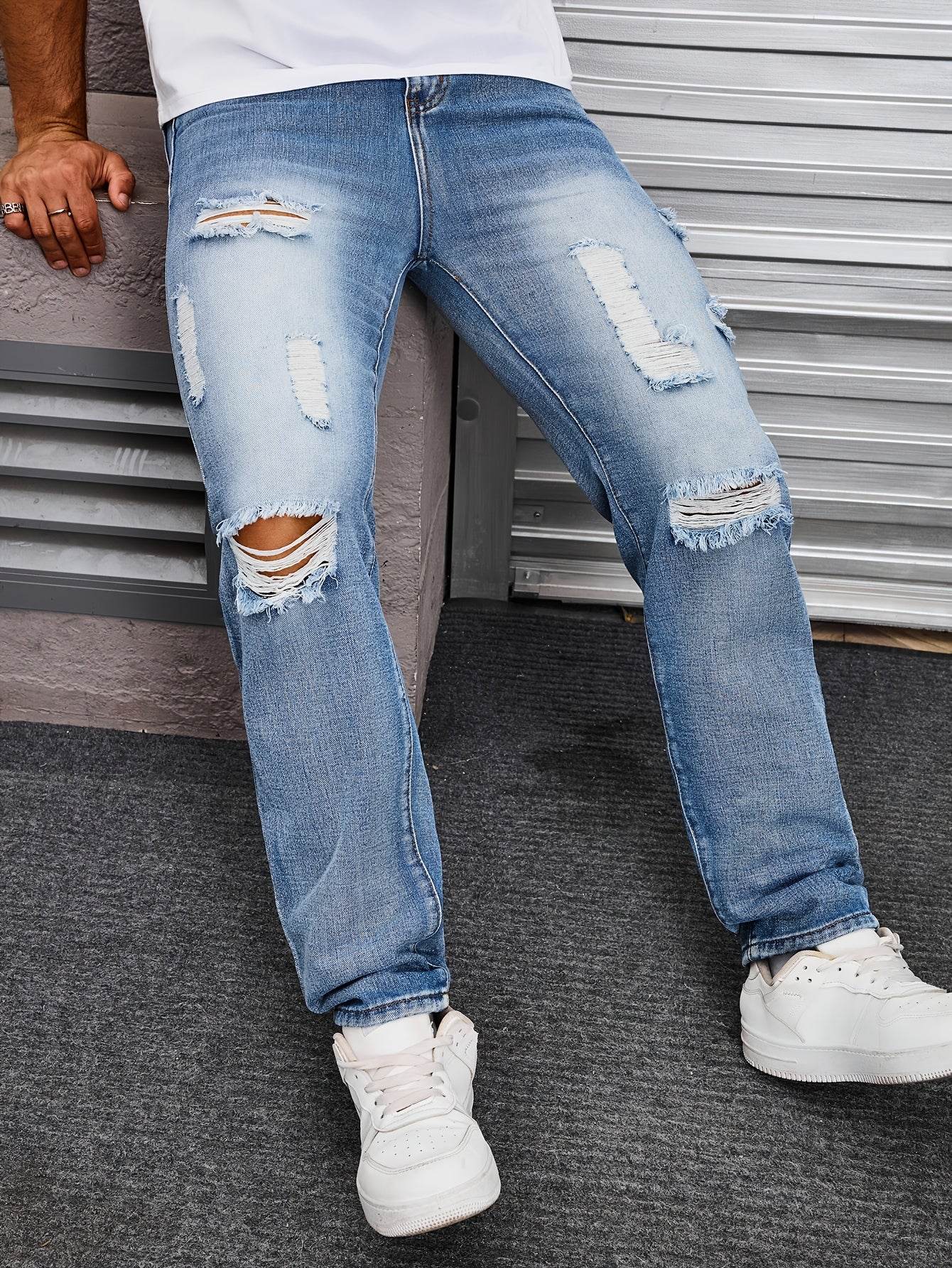 Men's Distressed Light Blue Denim Jeans - Casual Straight Leg for Summer - Buy Center US