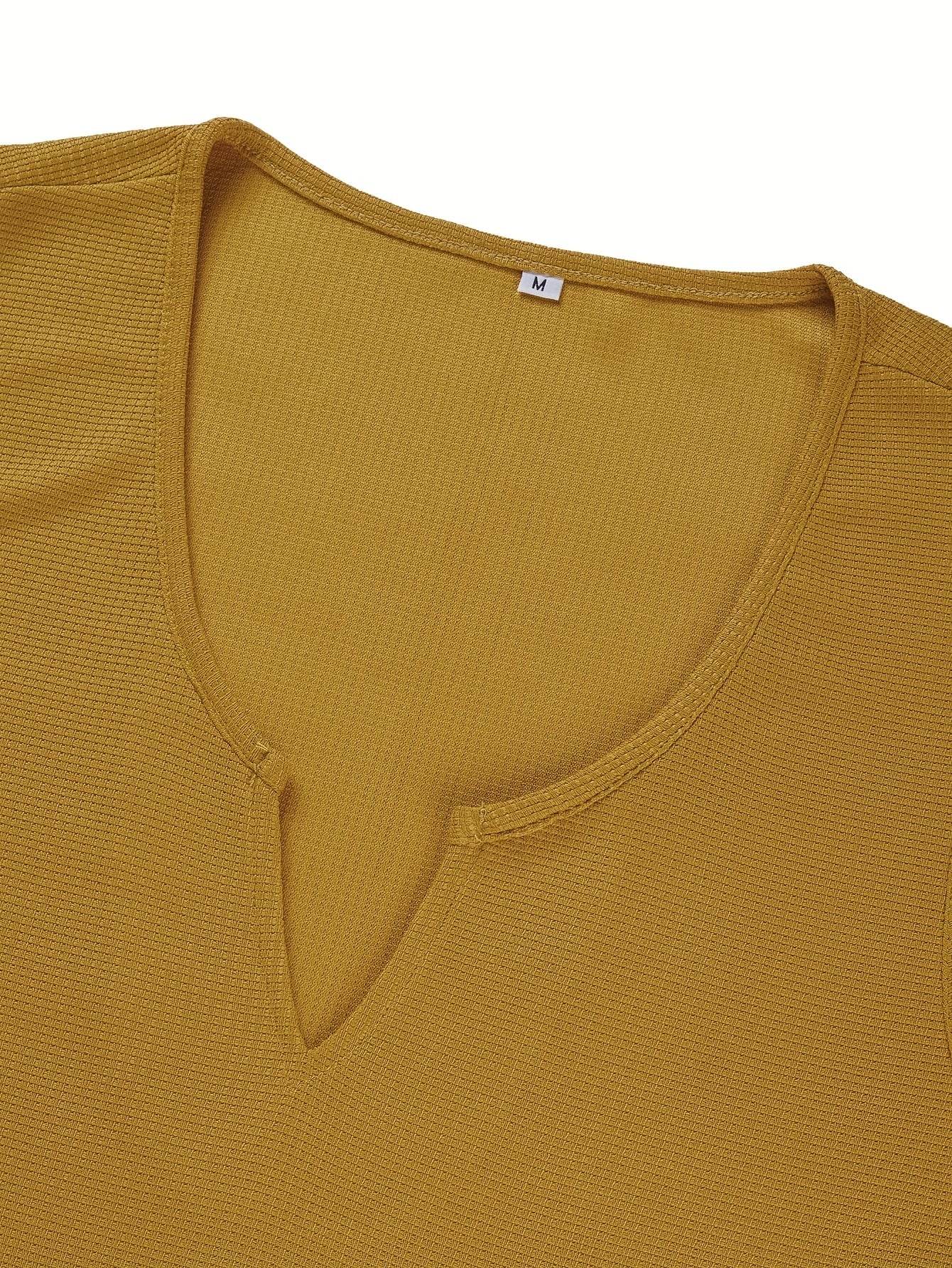 Men's V-Neck Waffle Knit Top - Stylish & Retro Casual Wear in Vibrant Yellow - Buy Center US