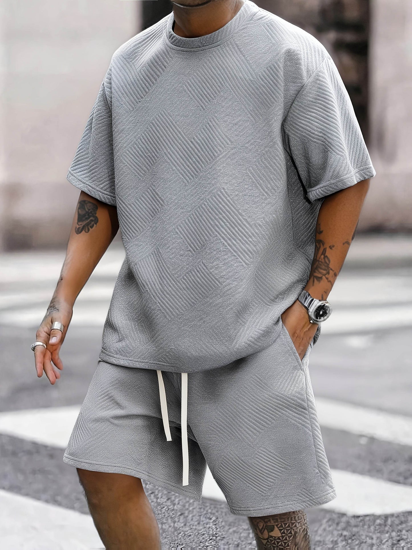 Trendy Summer Loose Men's Casual T-Shirt Set - Round Neck, Solid Color - Buy Center US