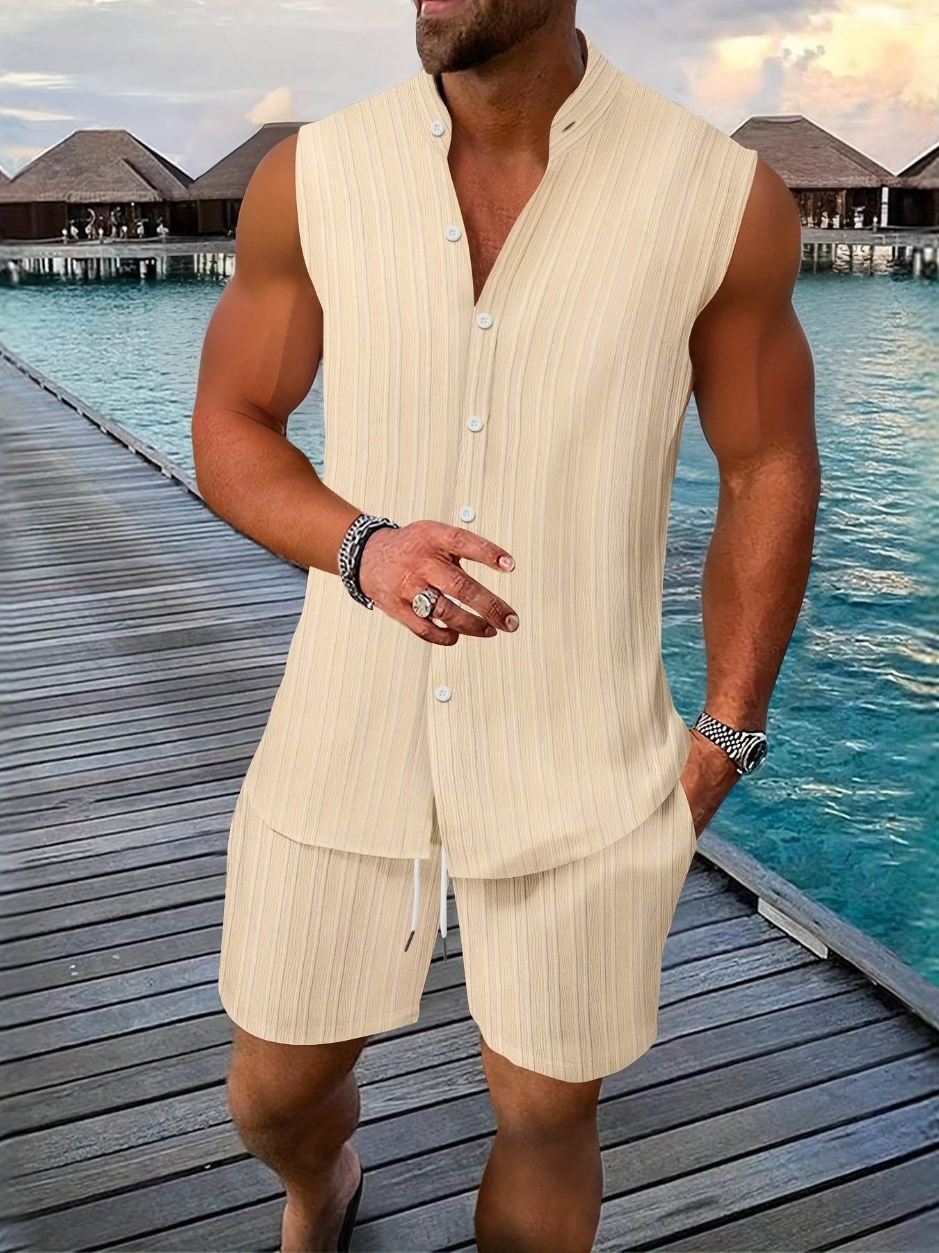 Summer Men's Casual Henley Neck Tank Top & Shorts Beach Set - Buy Center US