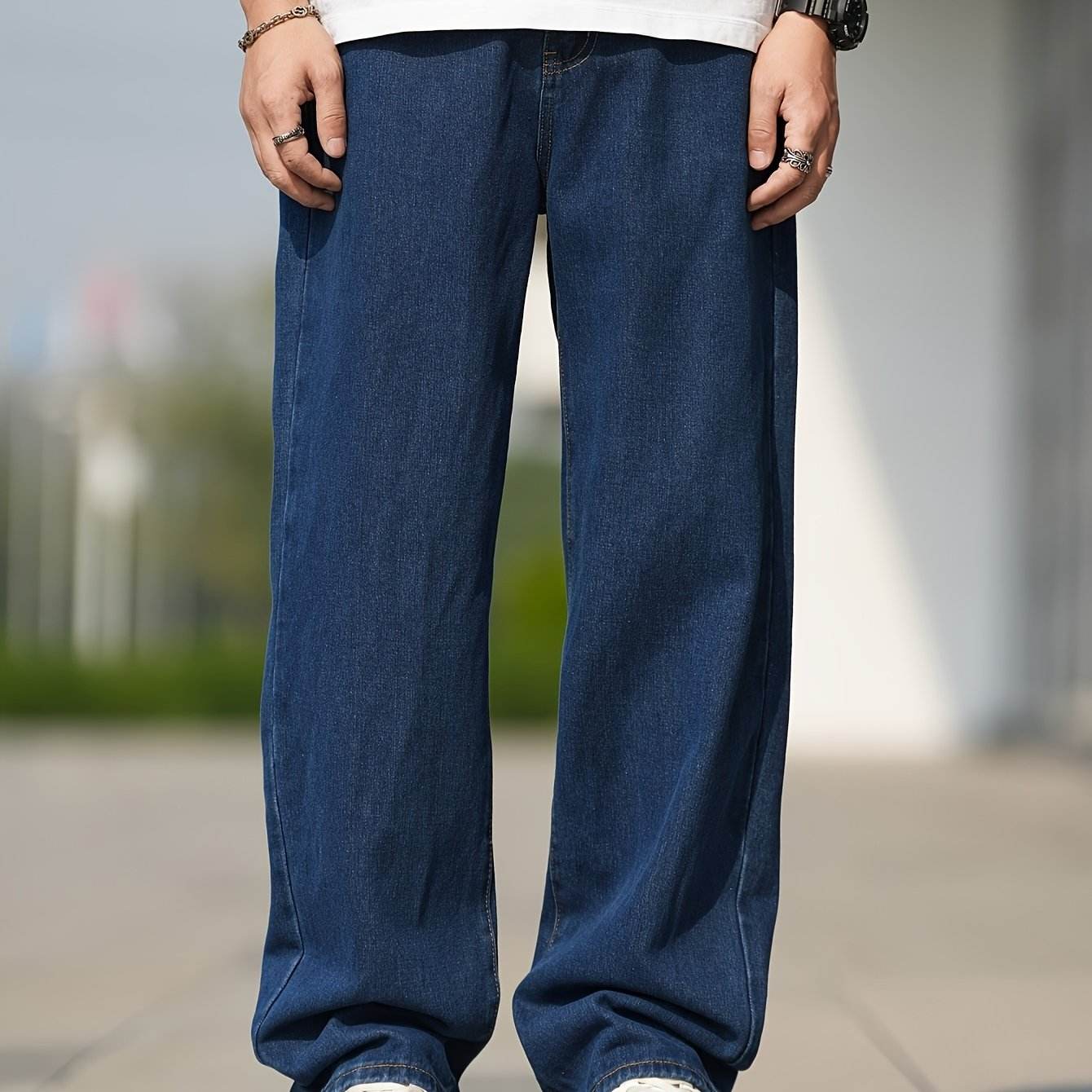 Men's Loose Fit Straight Leg Jeans - Washed Blue, All-Season Comfort - Buy Center US