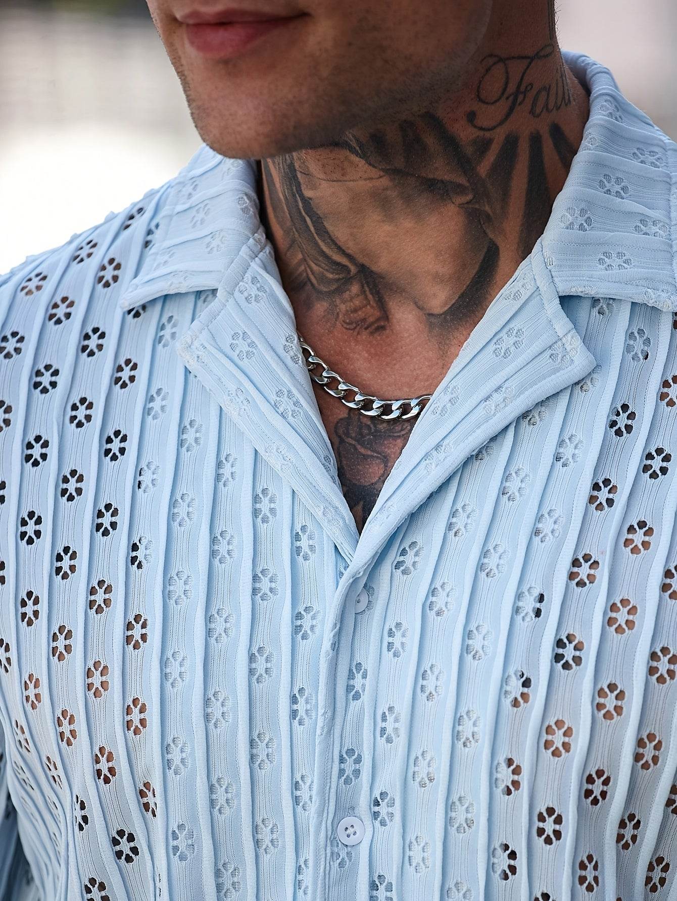 Men's Casual Floral Button-Up Shirt - Light Blue, Stretchy Fabric for Summer - Buy Center US