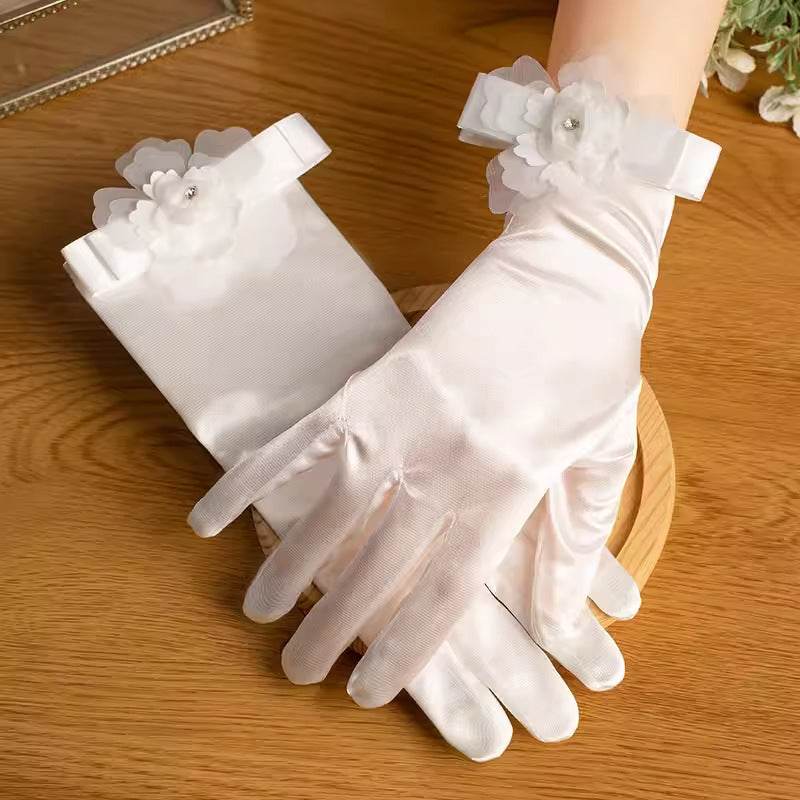 White Satin Short Gloves with Lace & Pearl - Elegant Fashion Accessory - Buy Center US