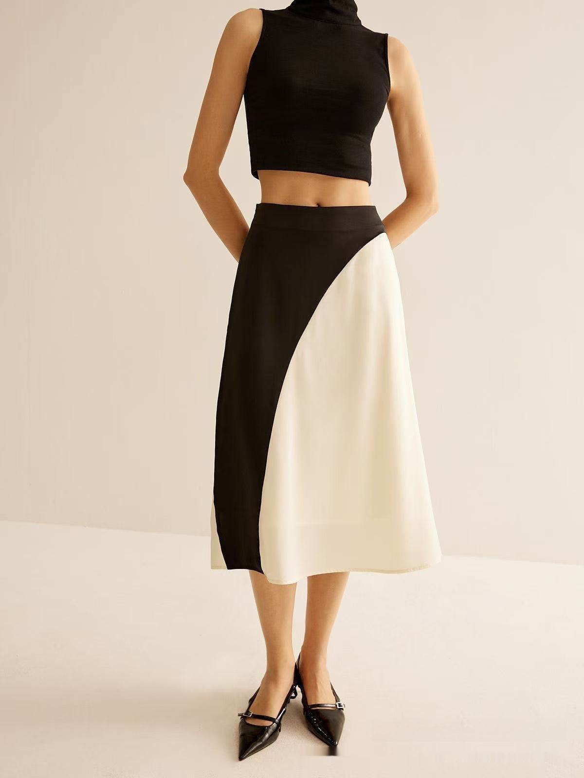Color Contrast Patchwork Women's Skirt - Fresh Satin Asymmetric Design - Buy Center US