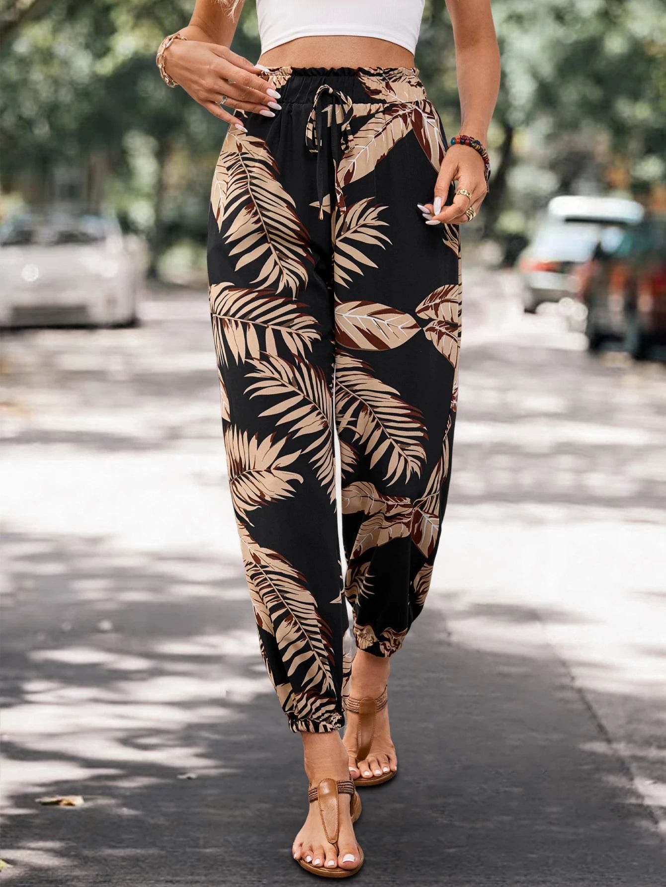 Songling Casual Loose Joggers - Autumn Plant Print with Pockets - Buy Center US