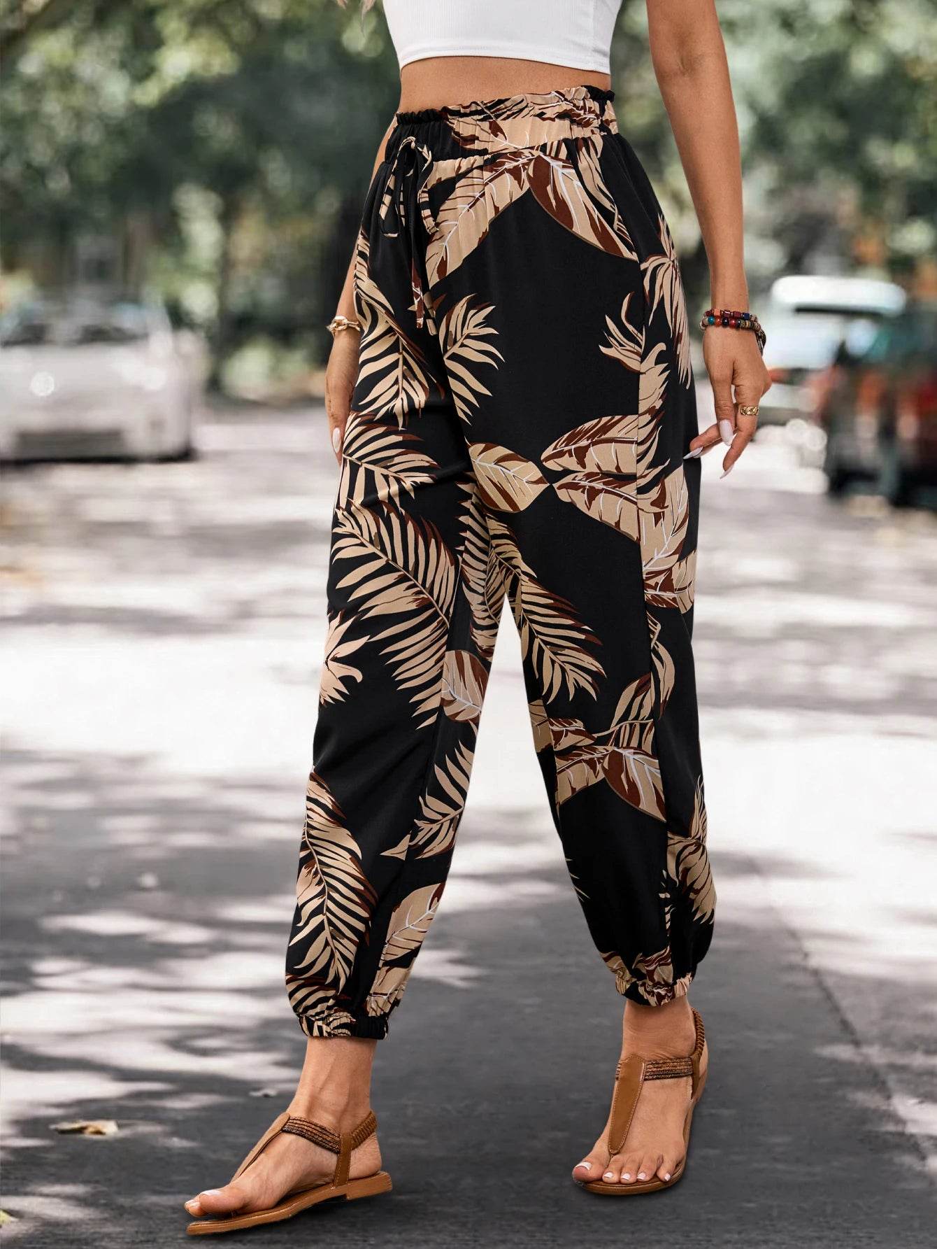 Songling Casual Loose Joggers - Autumn Plant Print with Pockets - Buy Center US