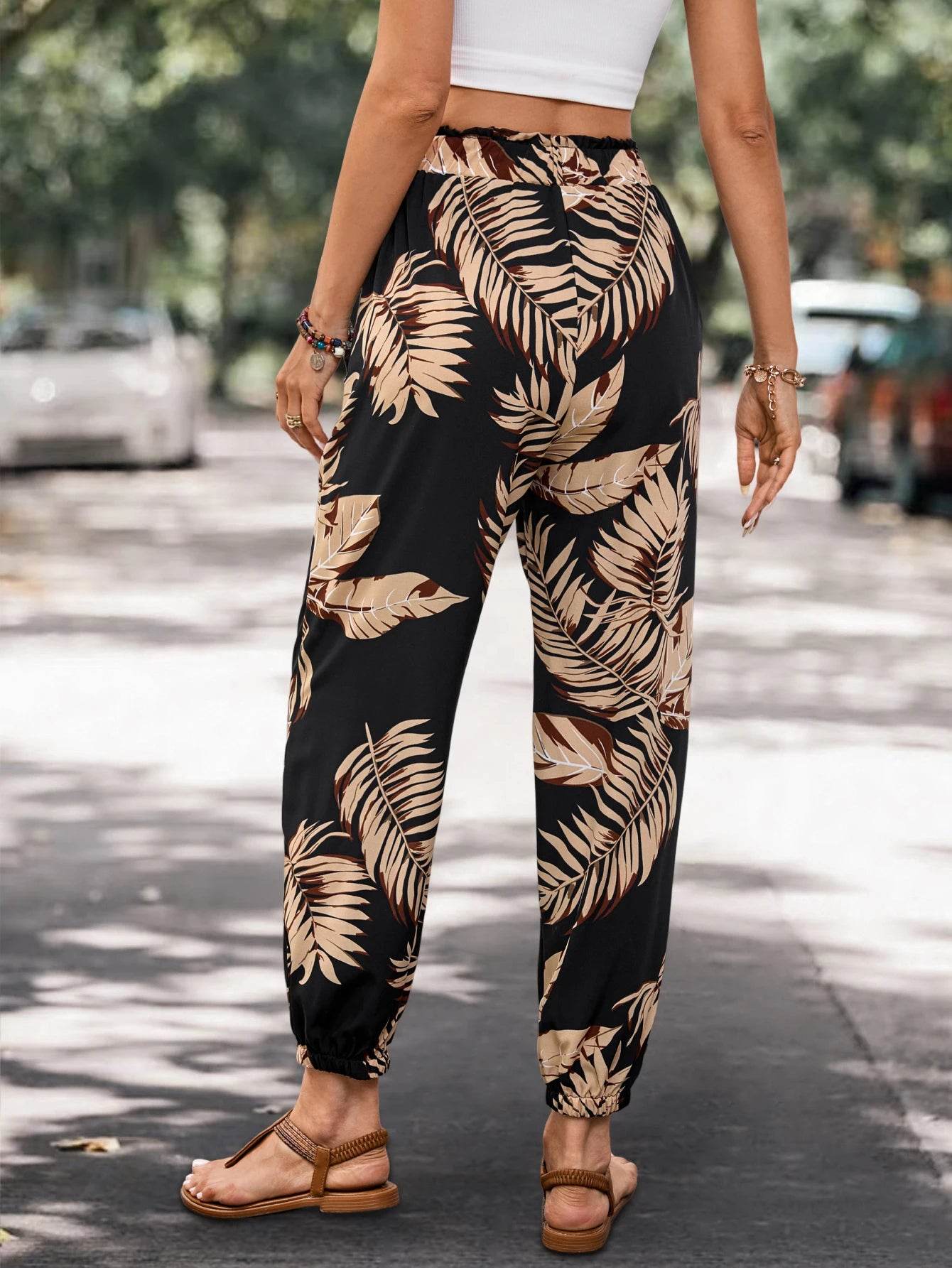 Songling Casual Loose Joggers - Autumn Plant Print with Pockets - Buy Center US