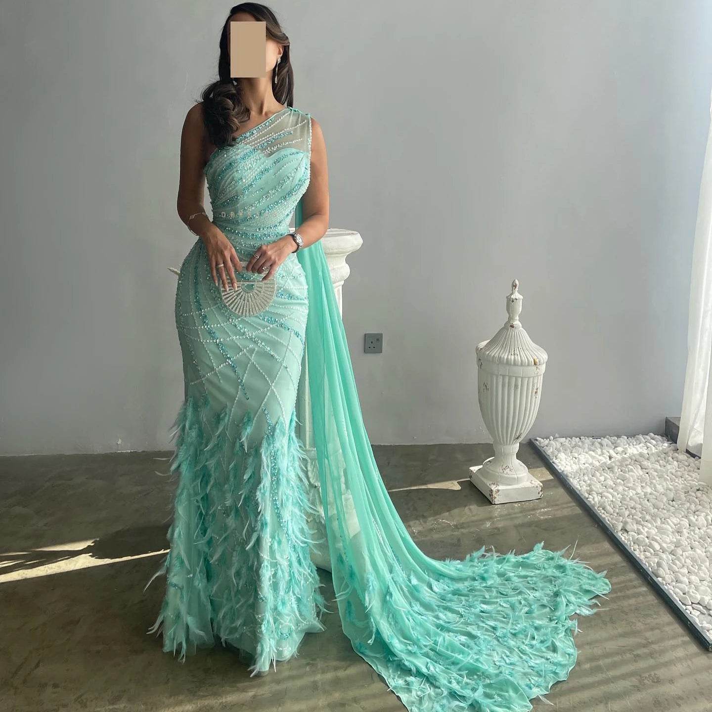 Sharon Said One-Shoulder Evening Dress - Turquoise Aqua with Cape Train - Buy Center US
