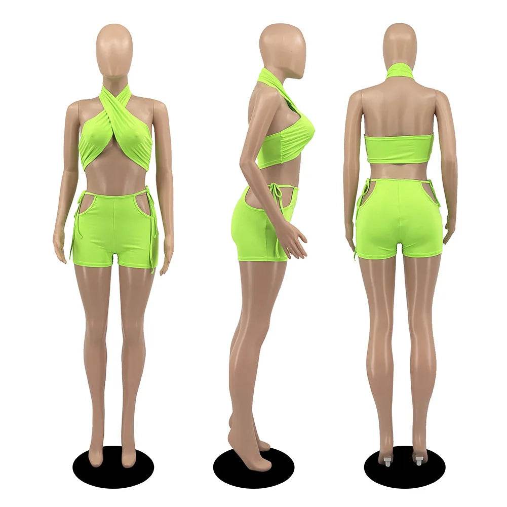 Stylish Women's Two Piece Set - Criss Cross Crop Top & Shorts - Buy Center US