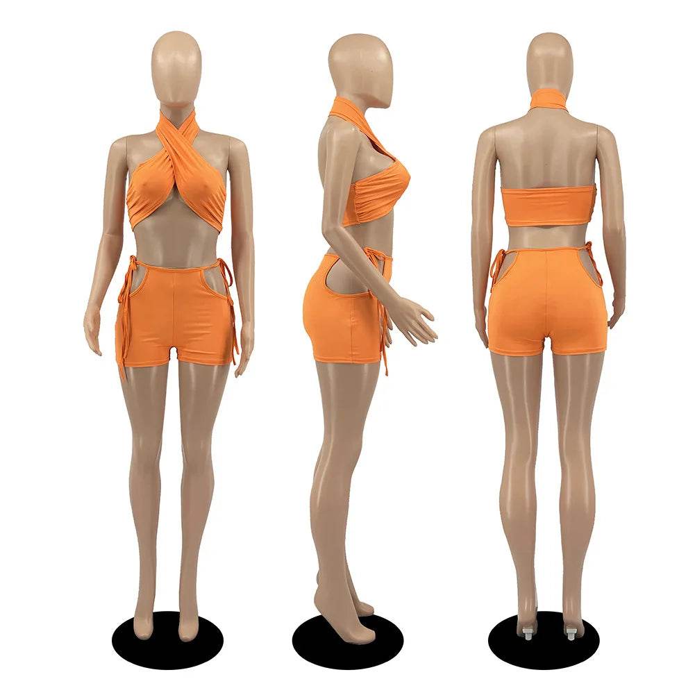 Stylish Women's Two Piece Set - Criss Cross Crop Top & Shorts - Buy Center US