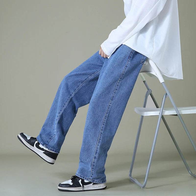 BLEASENDY Men's Wide-Leg Denim Pants - Korean Style Light Blue Jeans - Buy Center US