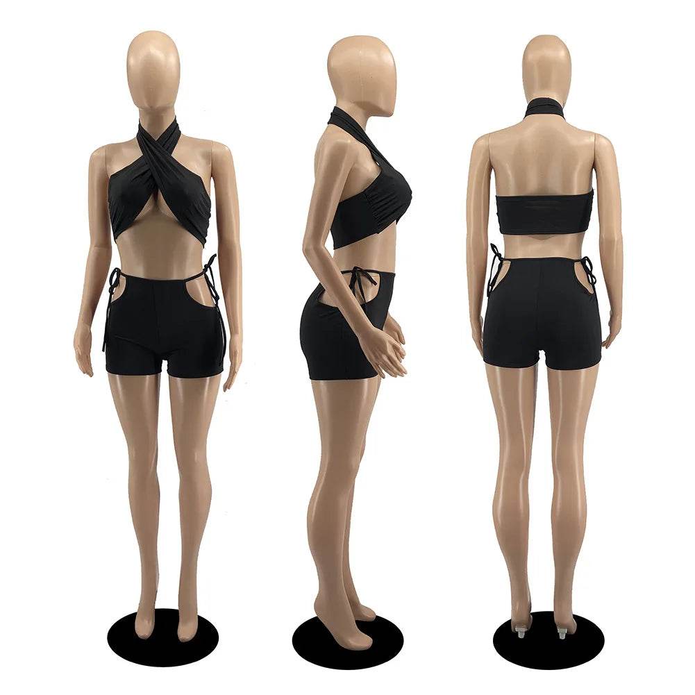 Stylish Women's Two Piece Set - Criss Cross Crop Top & Shorts - Buy Center US