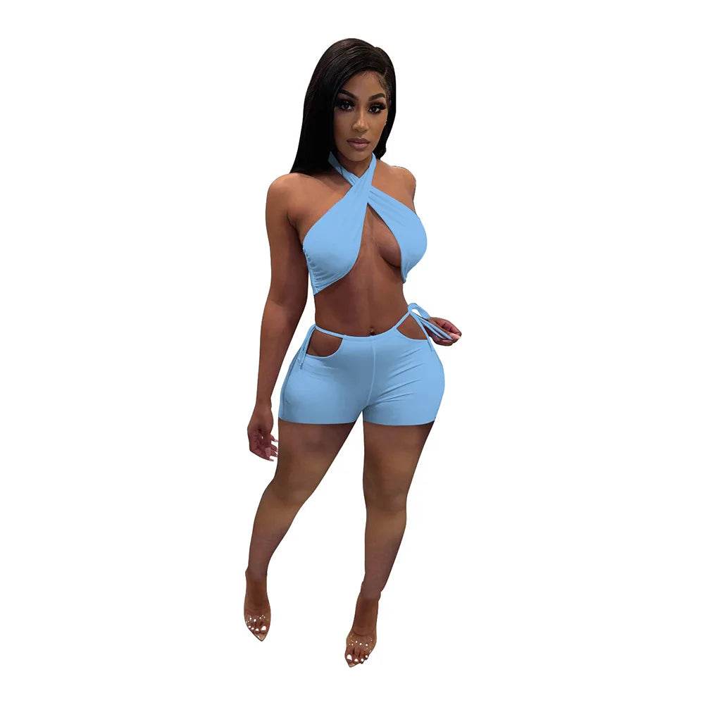 Stylish Women's Two Piece Set - Criss Cross Crop Top & Shorts - Buy Center US