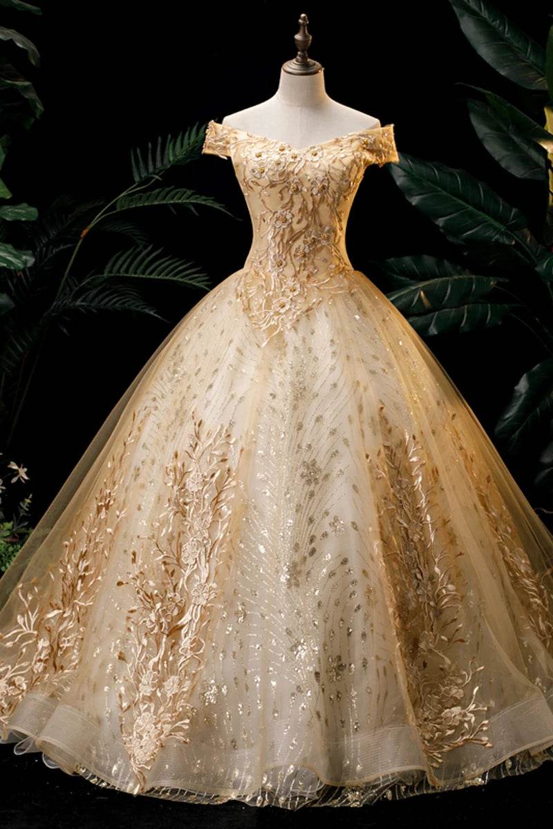 SONHAR Plus Size Gold Quinceanera Dress - Off The Shoulder Ball Gown - Buy Center US