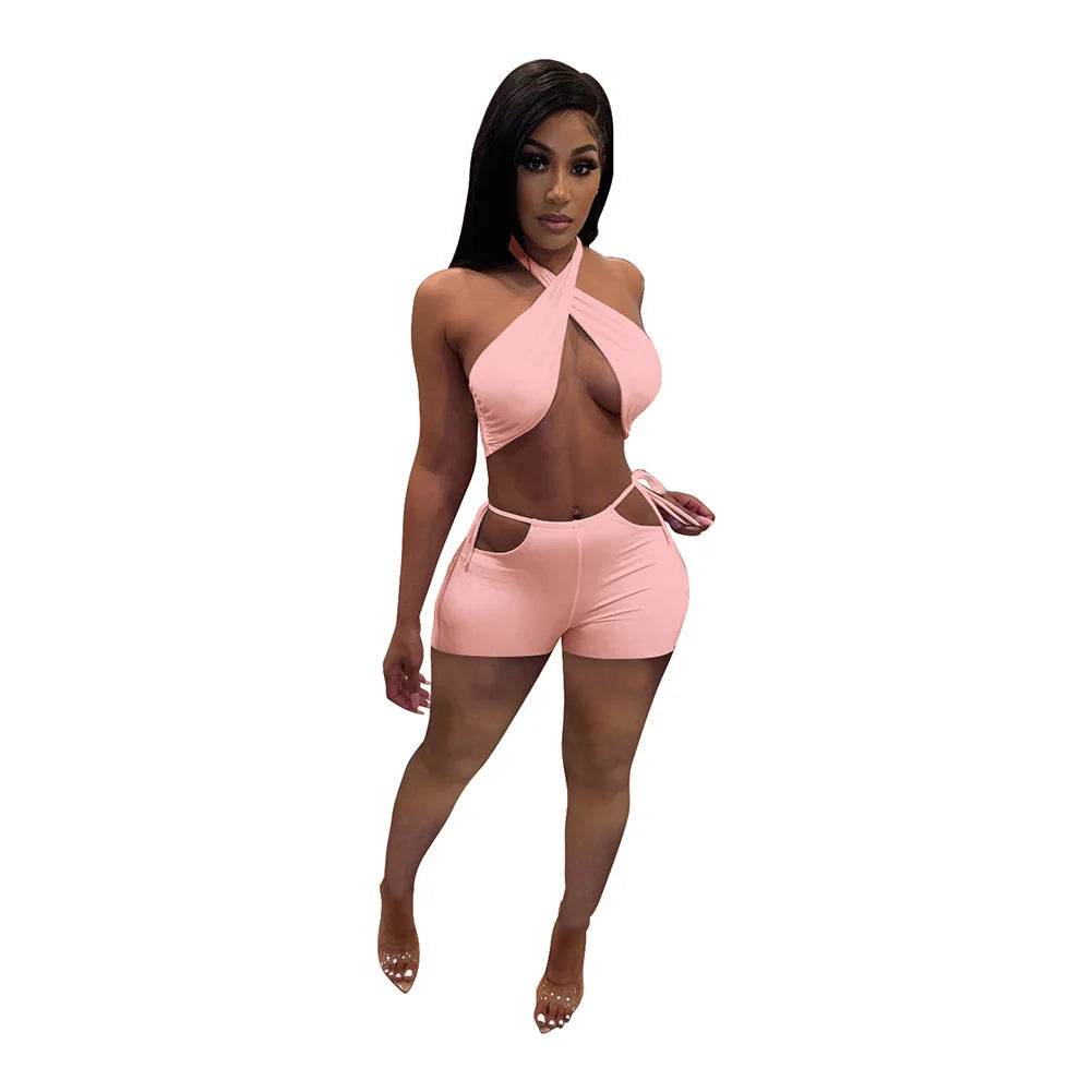 Stylish Women's Two Piece Set - Criss Cross Crop Top & Shorts - Buy Center US