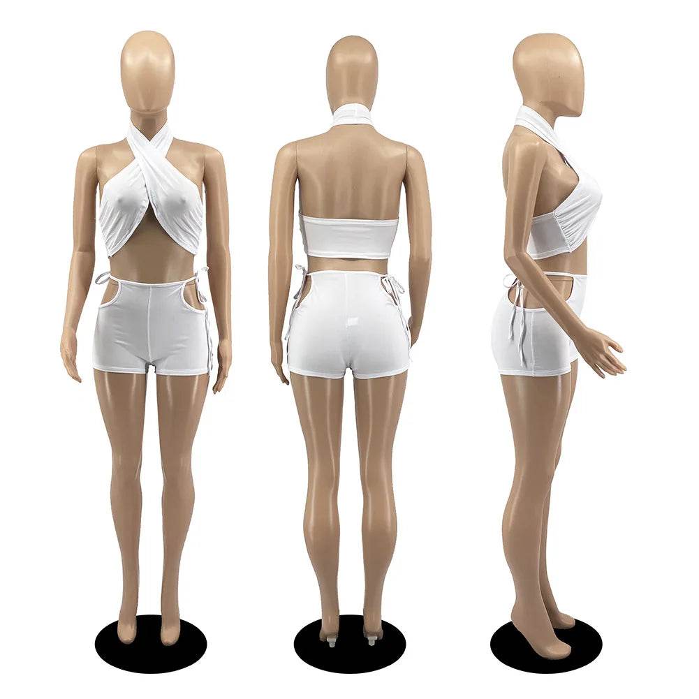 Stylish Women's Two Piece Set - Criss Cross Crop Top & Shorts - Buy Center US